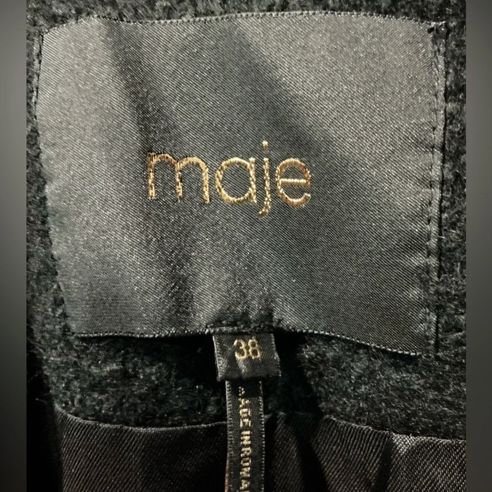 MAJE Paris Boucher Bouclé Wool Blend Coat Black Designer Tailored Belted Back M